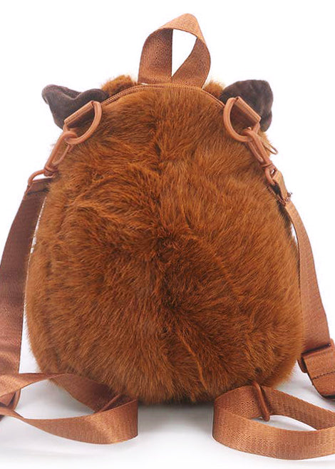 Sleepyville Critters Furry Hamster Plush Backpack in brown with 3D hamster plush design and adjustable straps on rave festival backpack — back view
