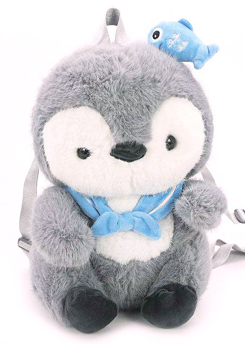 Sleepyville Critters Furry Penguin Plush Backpack in grey with 3D penguin plush design, blue bow tie accent, and tiny fish detail on rave festival backpack — front view