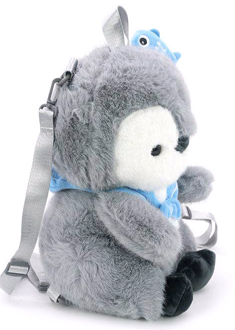 Sleepyville Critters Furry Penguin Plush Backpack in grey with 3D penguin plush design, blue bow tie accent, and tiny fish detail on rave festival backpack — side view