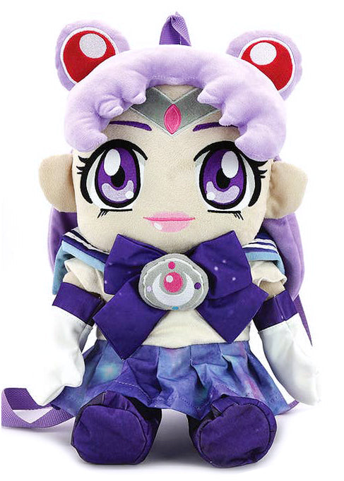 Sleepyville Critters Galaxy Defender Anime Girl Plush Backpack in purple multi with 3D anime sailor girl plush and cosplay armor detail on rave festival backpack — front view