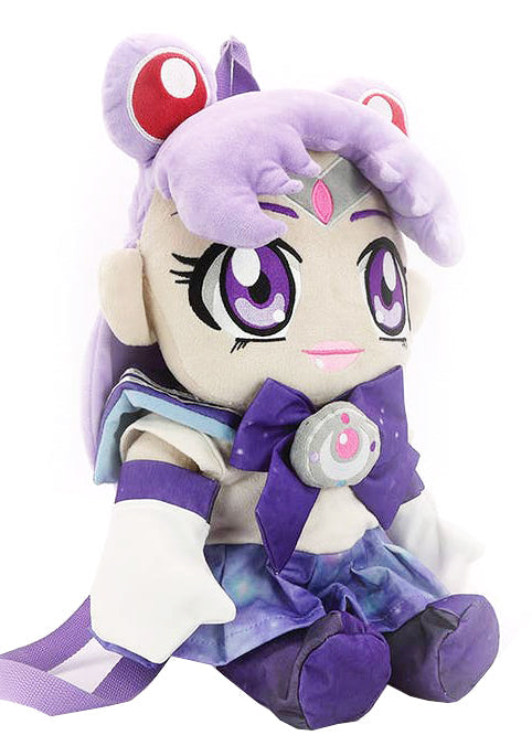 Sleepyville Critters Galaxy Defender Anime Girl Plush Backpack in purple multi with 3D anime sailor girl plush and cosplay armor detail on rave festival backpack — side view