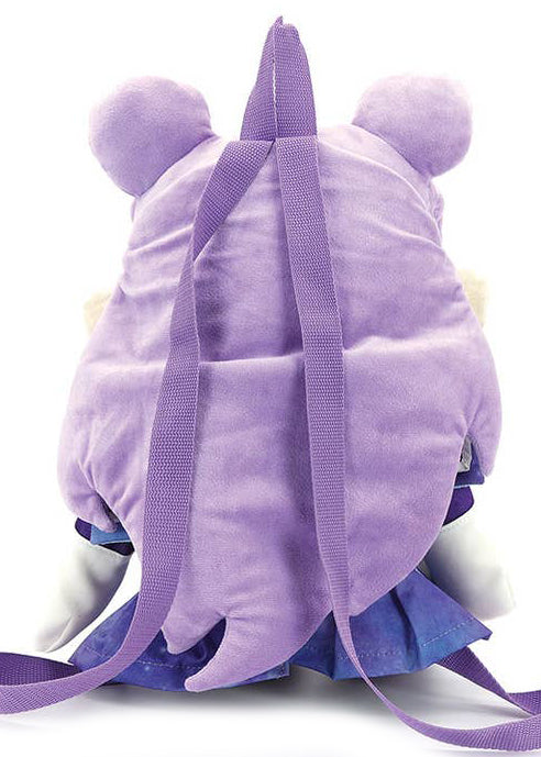 Sleepyville Critters Galaxy Defender Anime Girl Plush Backpack in purple multi with 3D anime sailor girl plush and cosplay armor detail on rave festival backpack — back view