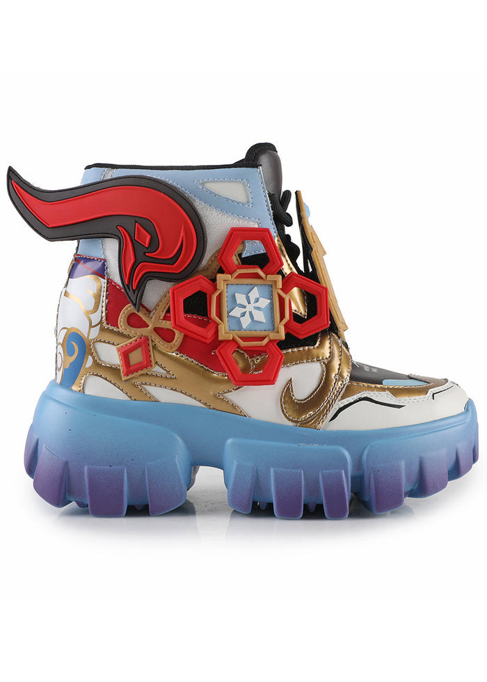 Side studio view of Anthony Wang Genshin Impact Ganyu Anime Blue platform sneakers featuring pastel blue vegan leather uppers, metallic gold accents, and dramatic structural crimson red horn details on a chunky white and blue sculpted wedge sole