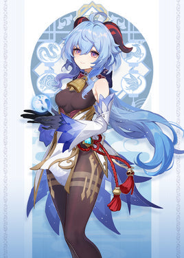 Official character illustration of Ganyu from Genshin Impact showing her long blue hair, signature dress design, and horns for anime sneaker design reference