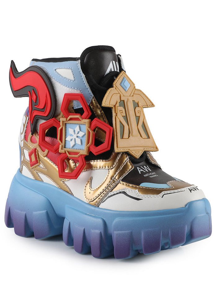 Three-quarter studio profile of Anthony Wang Genshin Impact Ganyu Anime Blue platform sneakers detailing the thick white rope laces, gold lace hardware, and aggressive multi-layered platform sole