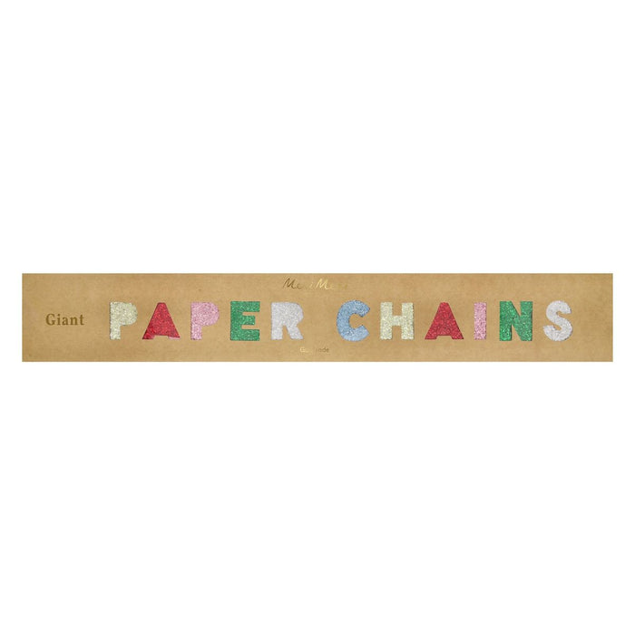 Cardboard strip with 'Giant Paper Chains' text on a white background