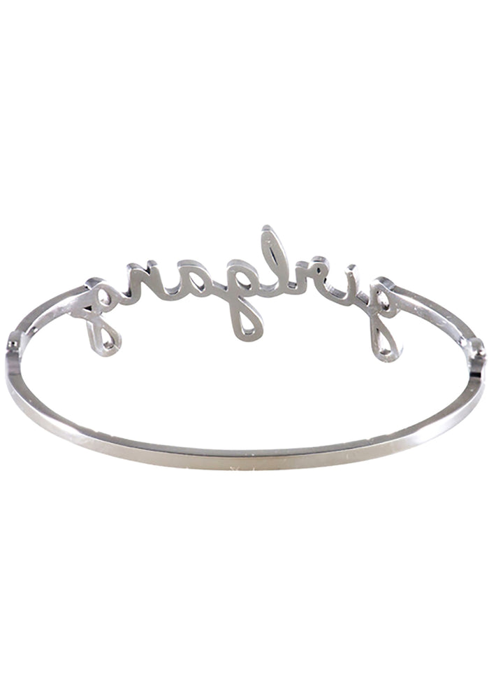 Wanderlust + Co Girlgang Bangle in silver with cursive girlgang script on silver plated stainless steel hinged bangle bracelet — back view