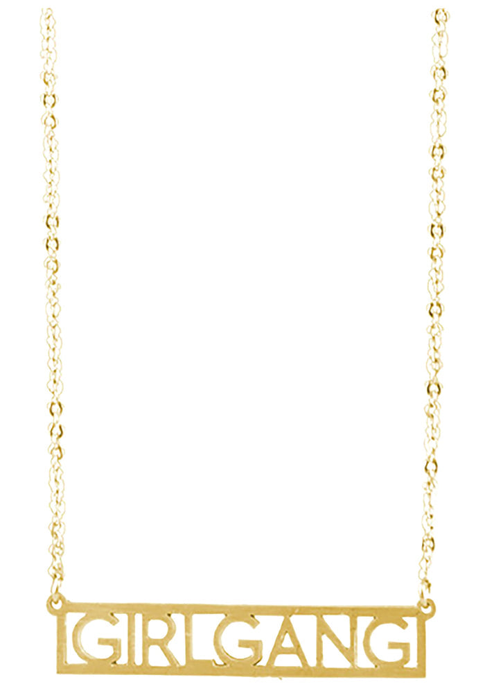 Wanderlust + Co Girlgang Necklace in gold with girlgang font pendant on 24k plated stainless steel chain necklace — front view