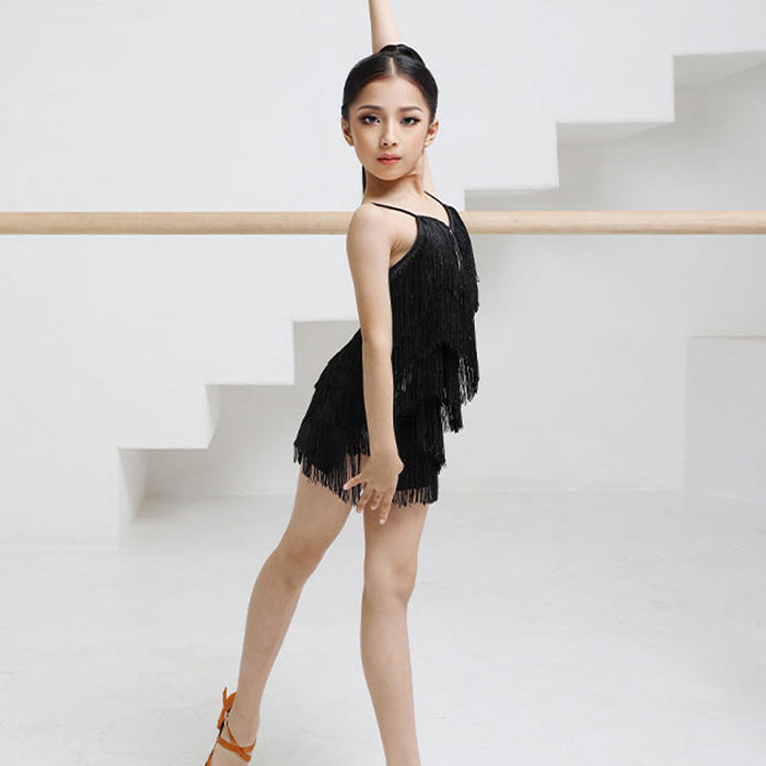 Girls Polyester Spaghetti Strap Tassel Latin Dance Dress Dance Wear