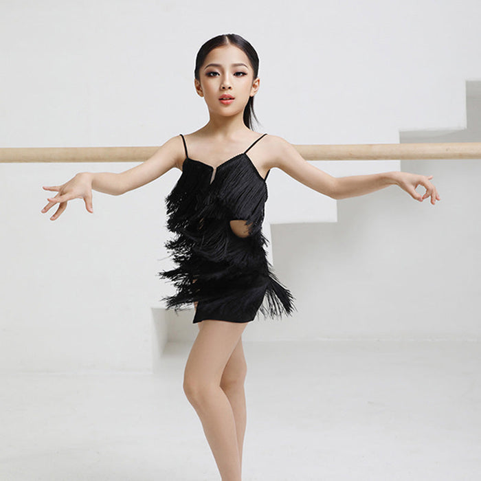 Girls Polyester Spaghetti Strap Tassel Latin Dance Dress Dance Wear