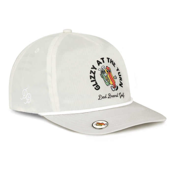 Glizzy at the Turn Rope Hat – nylon fabric dad hat with rope detail, hot dog golf design, magnetic brim with ball marker, comfortable gift for dads