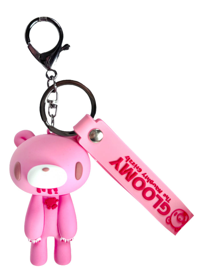 Gloomy Bear Bloody Bear 3D Silicon Pink Figure Keychain in pink with 3D Gloomy Bear silicone figure on lobster clasp keychain with logo strap — front view