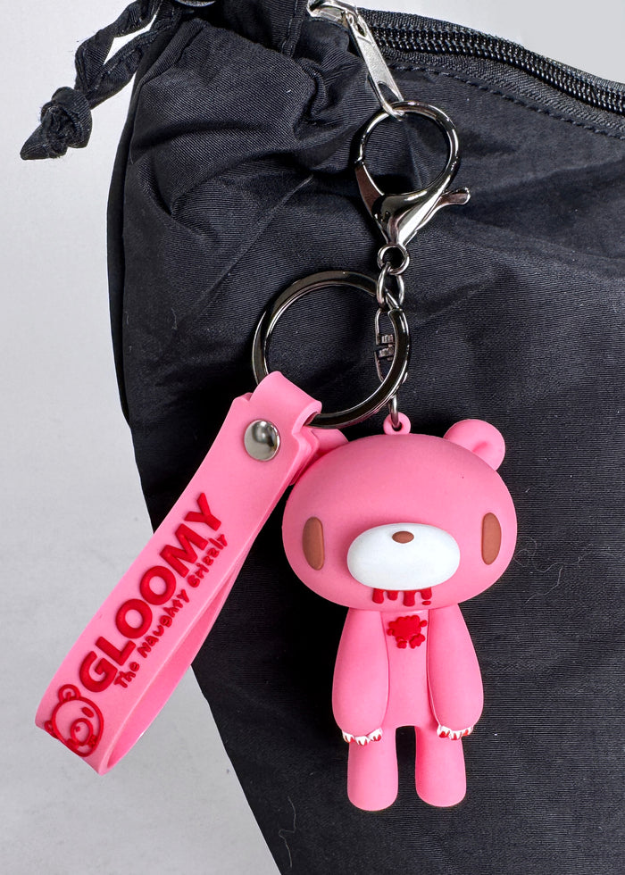 Gloomy Bear Bloody Bear 3D Silicon Pink Figure Keychain in pink with 3D Gloomy Bear silicone figure on lobster clasp keychain with logo strap — model view