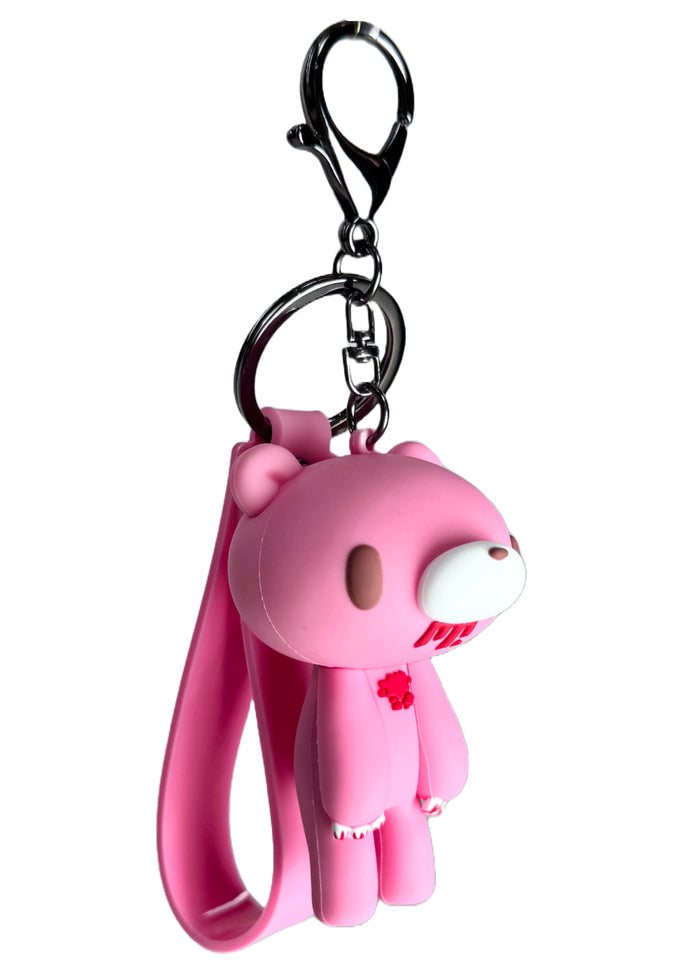 Gloomy Bear Bloody Bear 3D Silicon Pink Figure Keychain in pink with 3D Gloomy Bear silicone figure on lobster clasp keychain with logo strap — side view