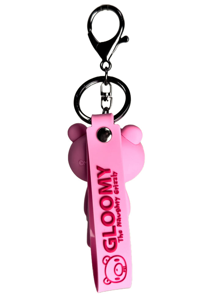 Gloomy Bear Bloody Bear 3D Silicon Pink Figure Keychain in pink with 3D Gloomy Bear silicone figure on lobster clasp keychain with logo strap — back view