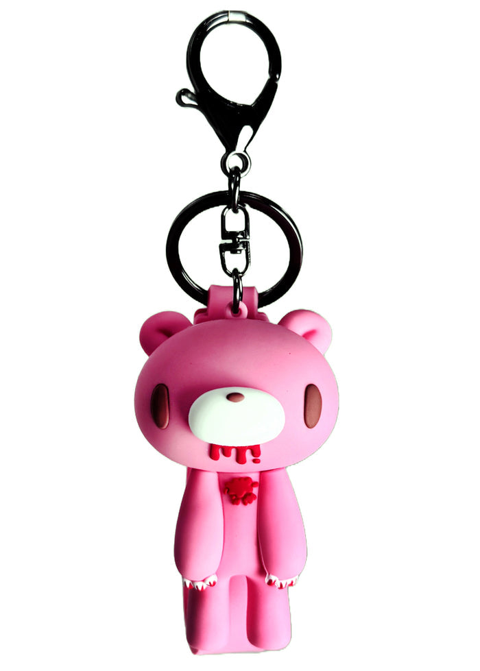 Gloomy Bear Bloody Bear 3D Silicon Pink Figure Keychain in pink with 3D Gloomy Bear silicone figure on lobster clasp keychain with logo strap — flat lay view