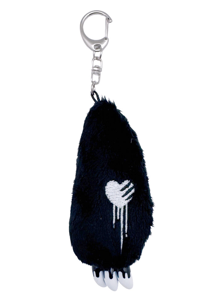 Gloomy Bear Bloody Claw Black Plush Mascot Keychain in black with Gloomy Bear plush and plastic bloody claw detail on metal clasp festival keychain — front view