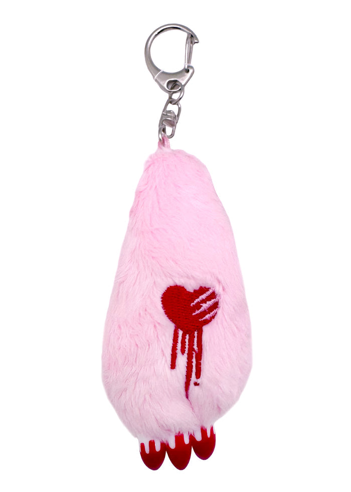 Gloomy Bear Bloody Claw Pink Plush Mascot Keychain in pink with Gloomy Bear plush and plastic bloody claw detail on metal clasp festival keychain — front view