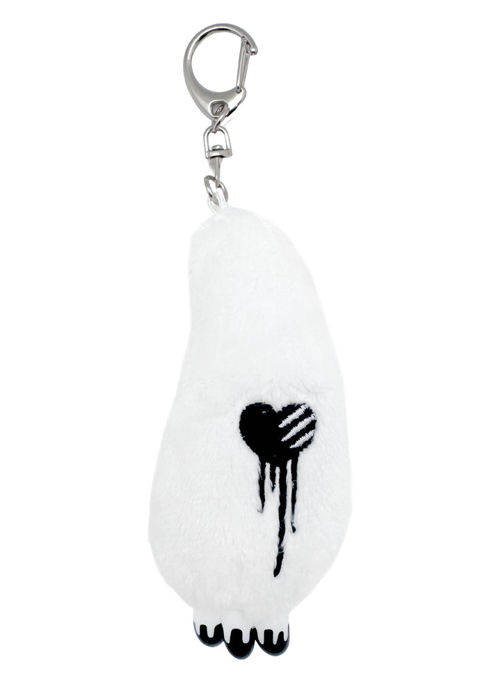 Gloomy Bear Bloody Claw White Plush Mascot Keychain in white with Gloomy Bear plush and plastic bloody claw detail on metal clasp festival keychain — front view