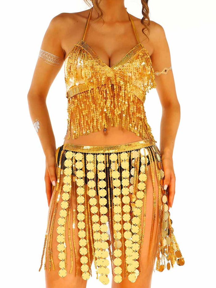 Gold Sequin Fringe Dance Skirt