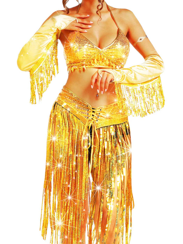 Gold Sequin Fringe Set - Bra Skirt and Sleeve Set