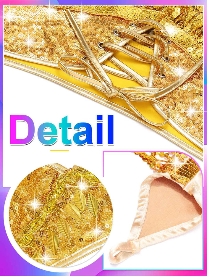 Gold Sequin Fringe Set - Bra Skirt and Sleeve Set