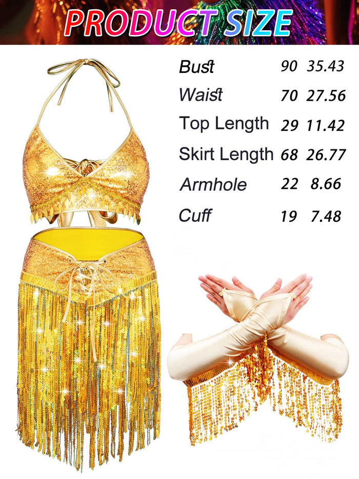 Gold Sequin Fringe Set - Bra Skirt and Sleeve Set