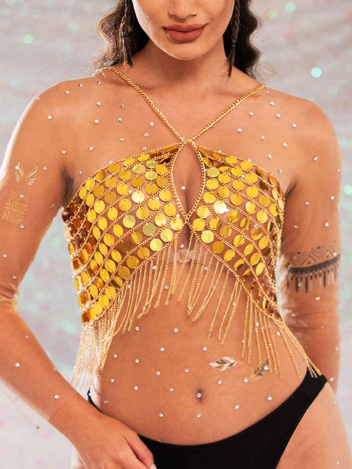 Gold Sequin Fringe Top - Gorgeous Metallic Chain Bra Top