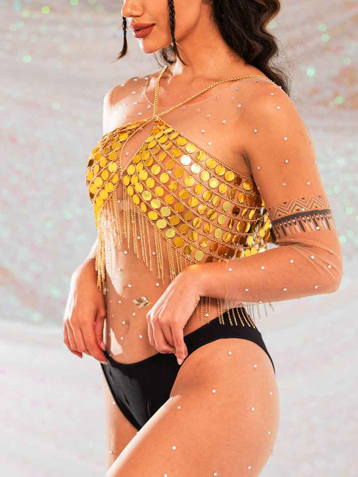 Gold Sequin Fringe Top - Gorgeous Metallic Chain Bra Top