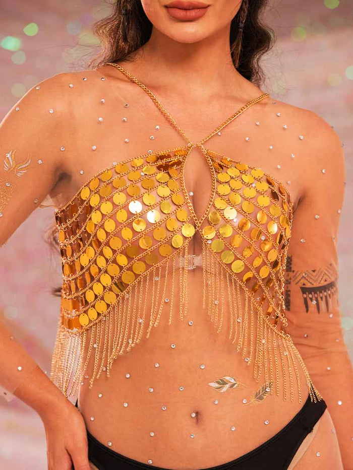 Gold Sequin Fringe Top - Gorgeous Metallic Chain Bra Top