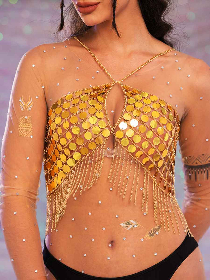 Gold Sequin Fringe Top - Gorgeous Metallic Chain Bra Top