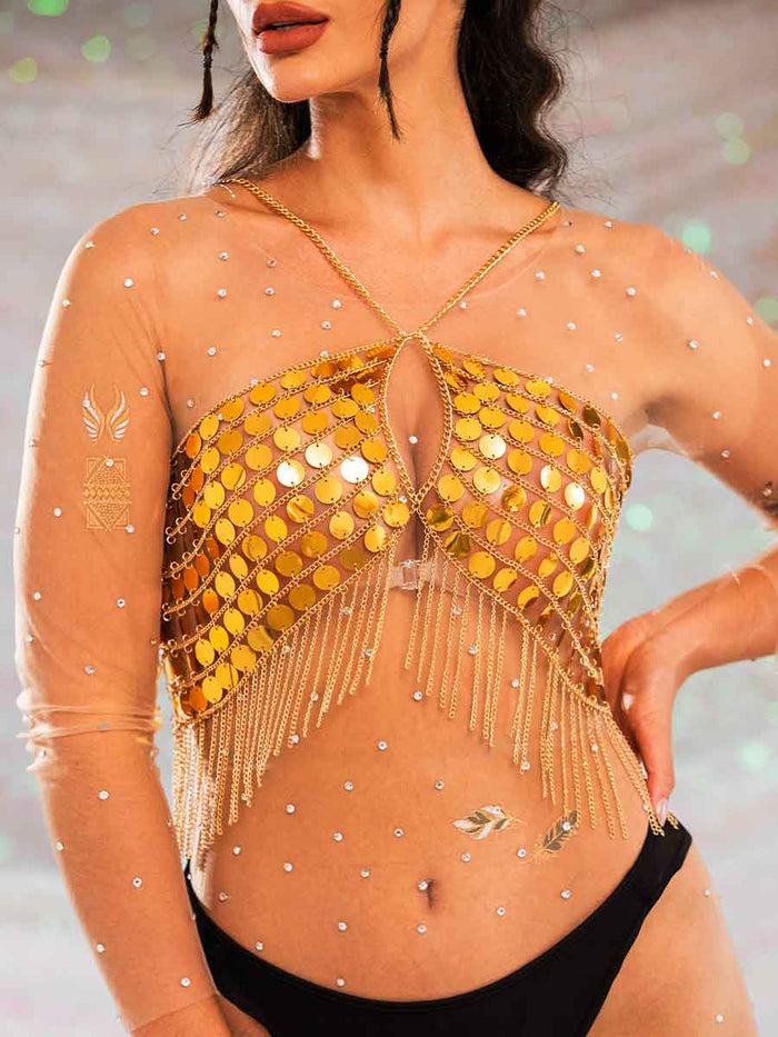 Gold Sequin Fringe Top - Gorgeous Metallic Chain Bra Top