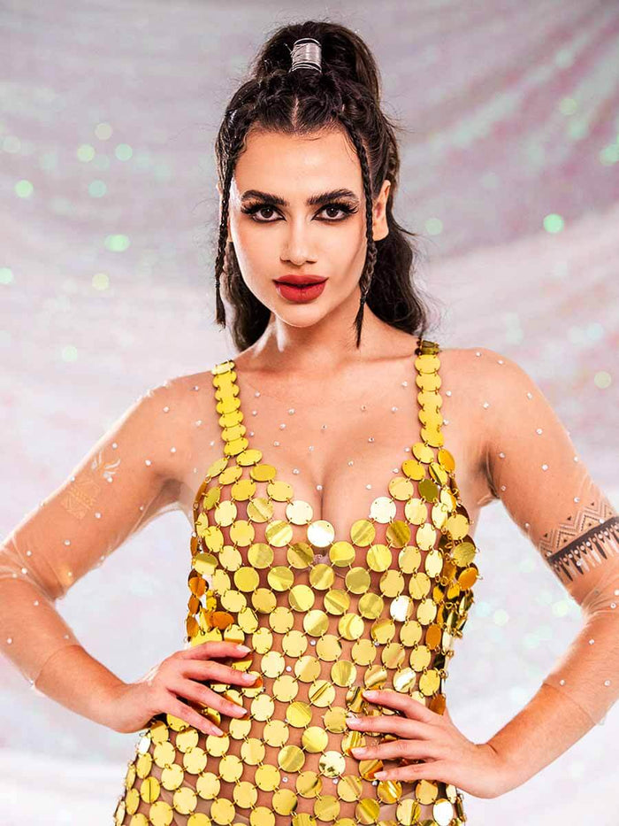 Gold Sequin Midi Dress with Open Back