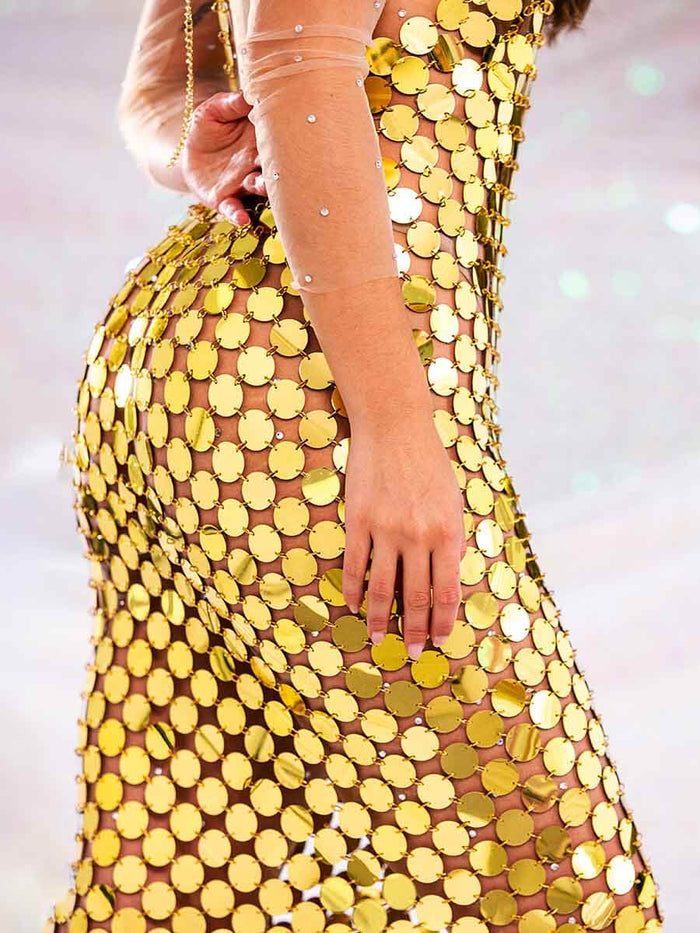 Gold Sequin Midi Dress with Open Back