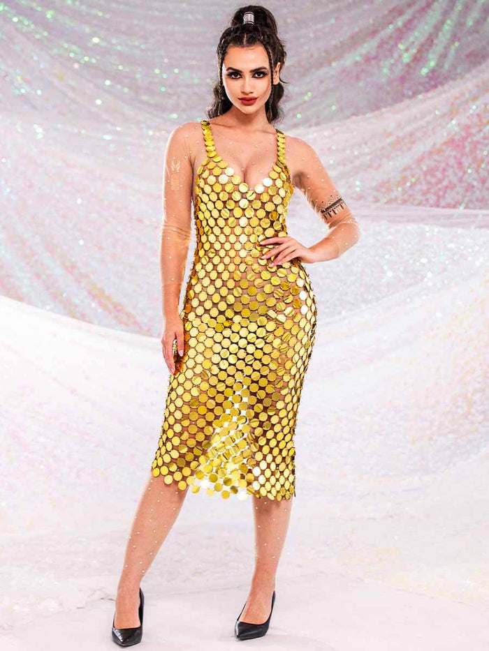 Gold Sequin Midi Dress with Open Back