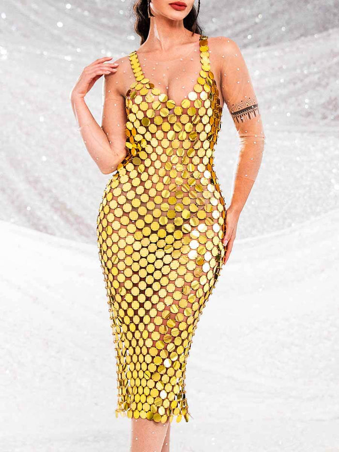Gold Sequin Midi Dress with Open Back