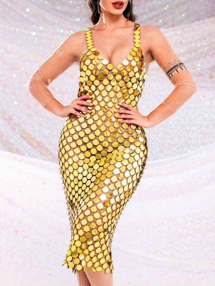 Gold Sequin Midi Dress with Open Back