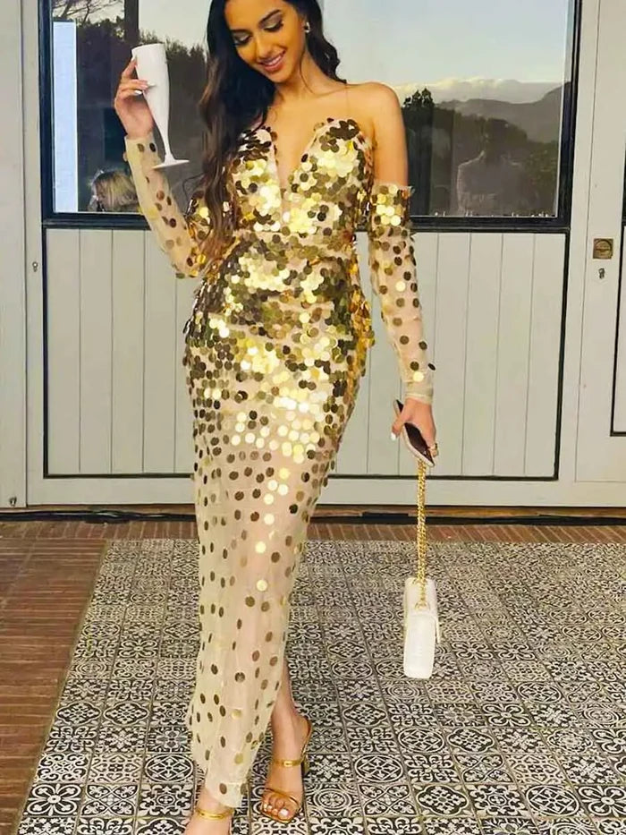 Gold Sequin Off The Shoulder Dress - Sheer Dress