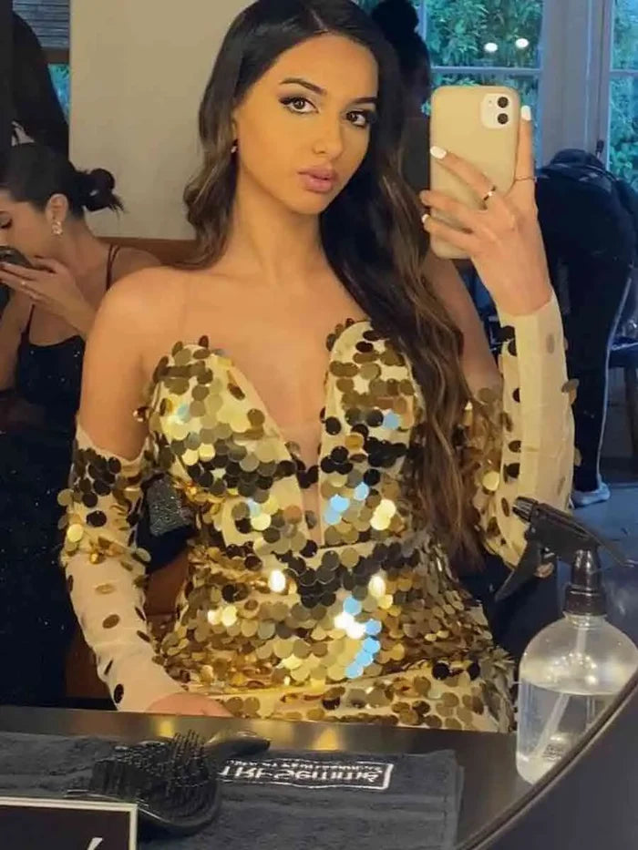 Gold Sequin Off The Shoulder Dress - Sheer Dress