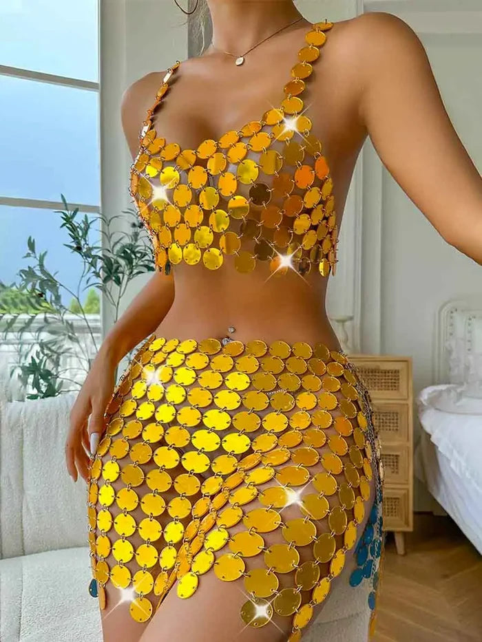 Gold Sequin Skirt Outfit - Sparkly Disco Skirt Bra Top Set