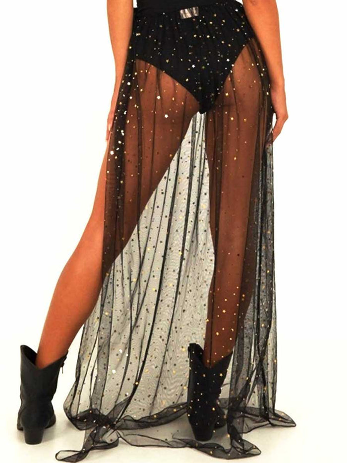 Gold Shiny Black Tulle Side Slit Long Skirt