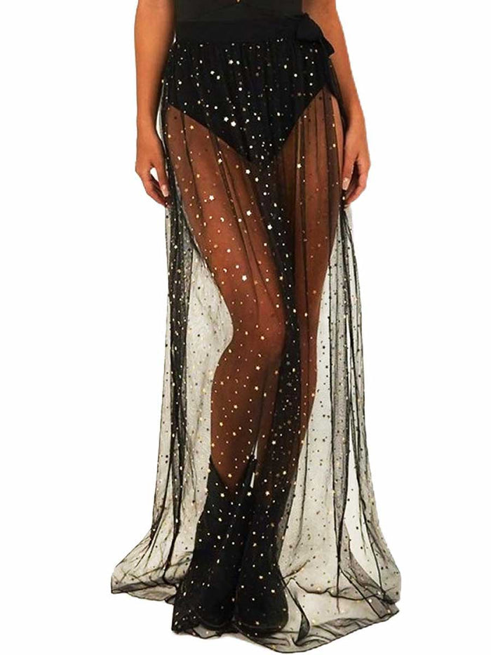 Gold Shiny Black Tulle Side Slit Long Skirt