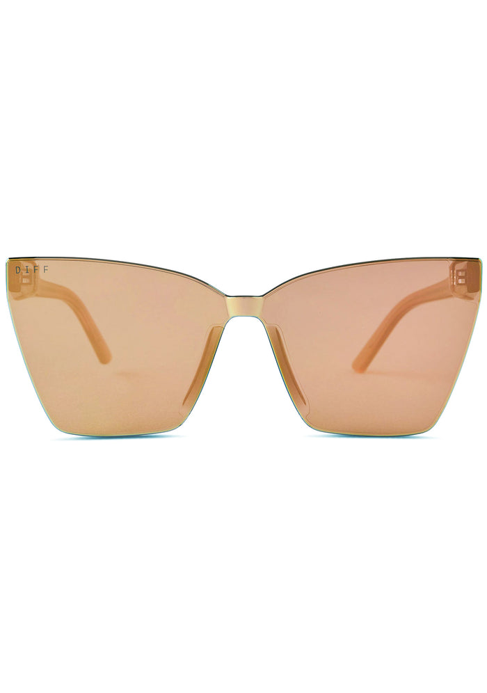 DIFF Eyewear Goldie Sunglasses in brown sugar bronze mirror with frameless cat-eye lens on rave sunglasses — front view