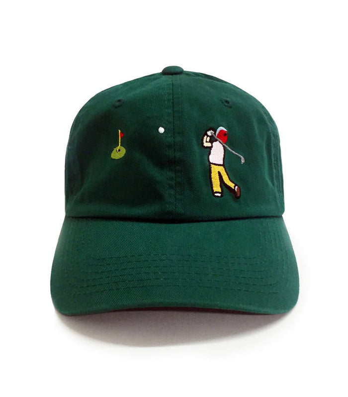 Golf Dad Hat – forest green 6-panel dad hat with embroidered golf swing emblem, adjustable strap, lightweight and comfortable dad gift