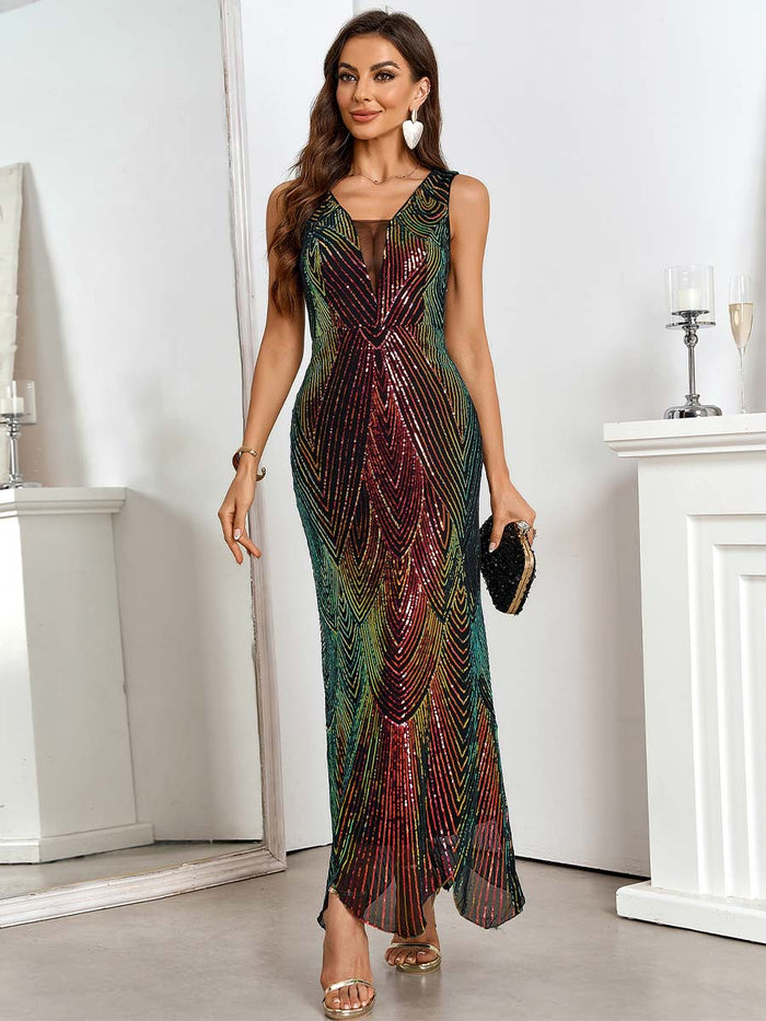 Gradient Burgundy Deep V-Neck Sleeveless Sequin Dress