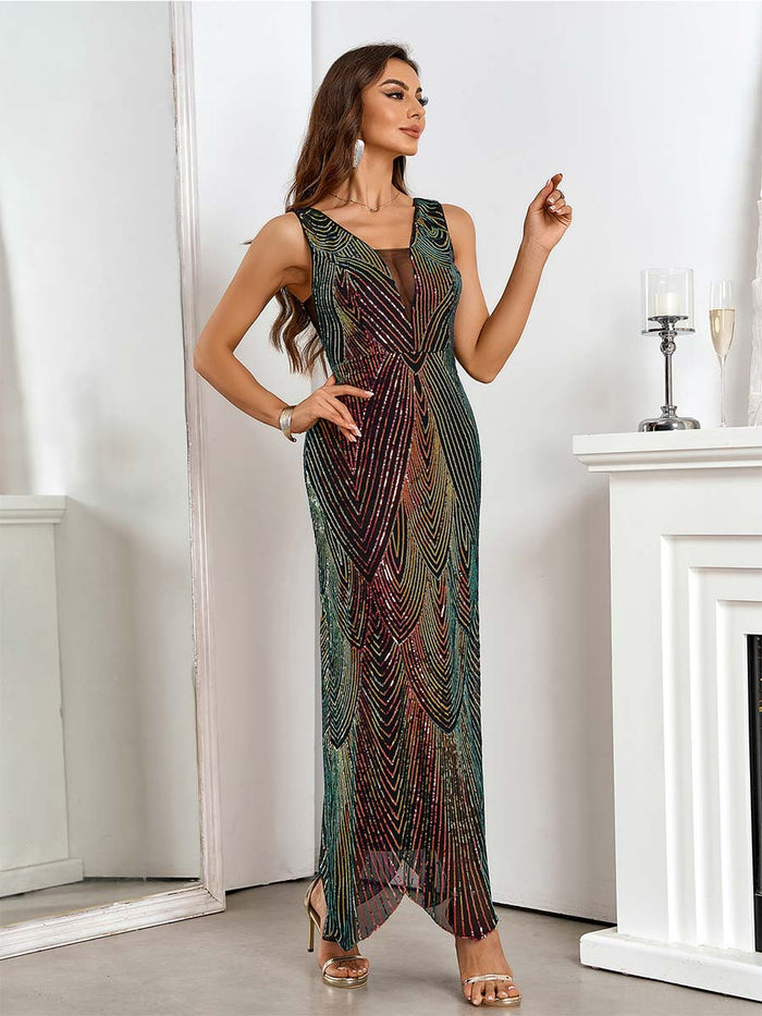 Gradient Burgundy Deep V-Neck Sleeveless Sequin Dress