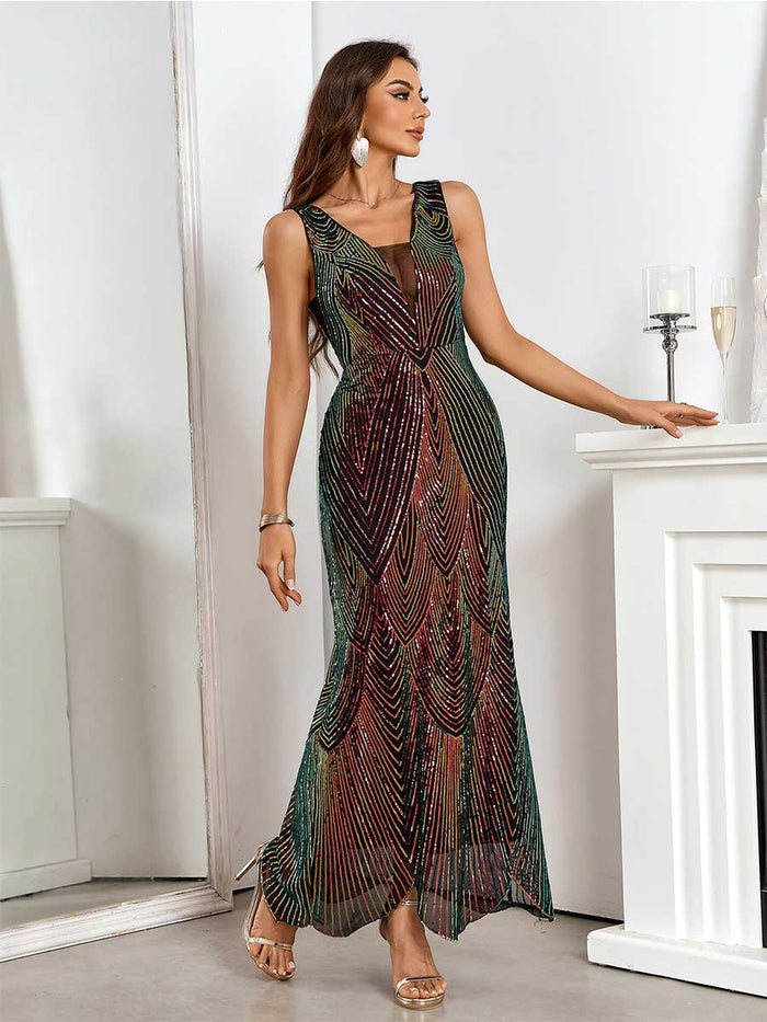 Gradient Burgundy Deep V-Neck Sleeveless Sequin Dress