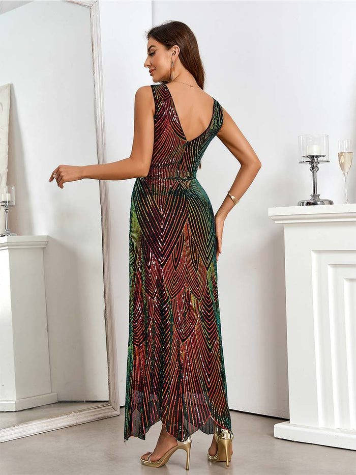 Gradient Burgundy Deep V-Neck Sleeveless Sequin Dress