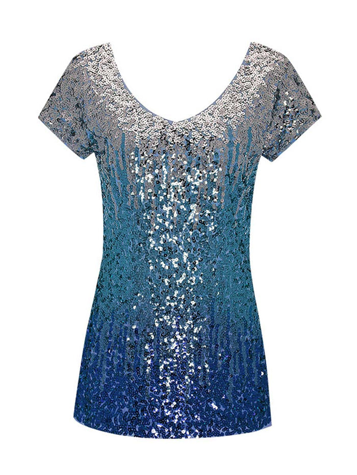 Gradient Sequin Short-Sleeve V-Neck Slim Fit T-Shirt