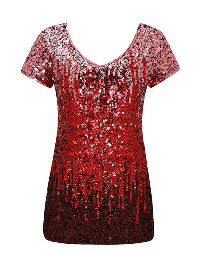 Gradient Sequin Short-Sleeve V-Neck Slim Fit T-Shirt